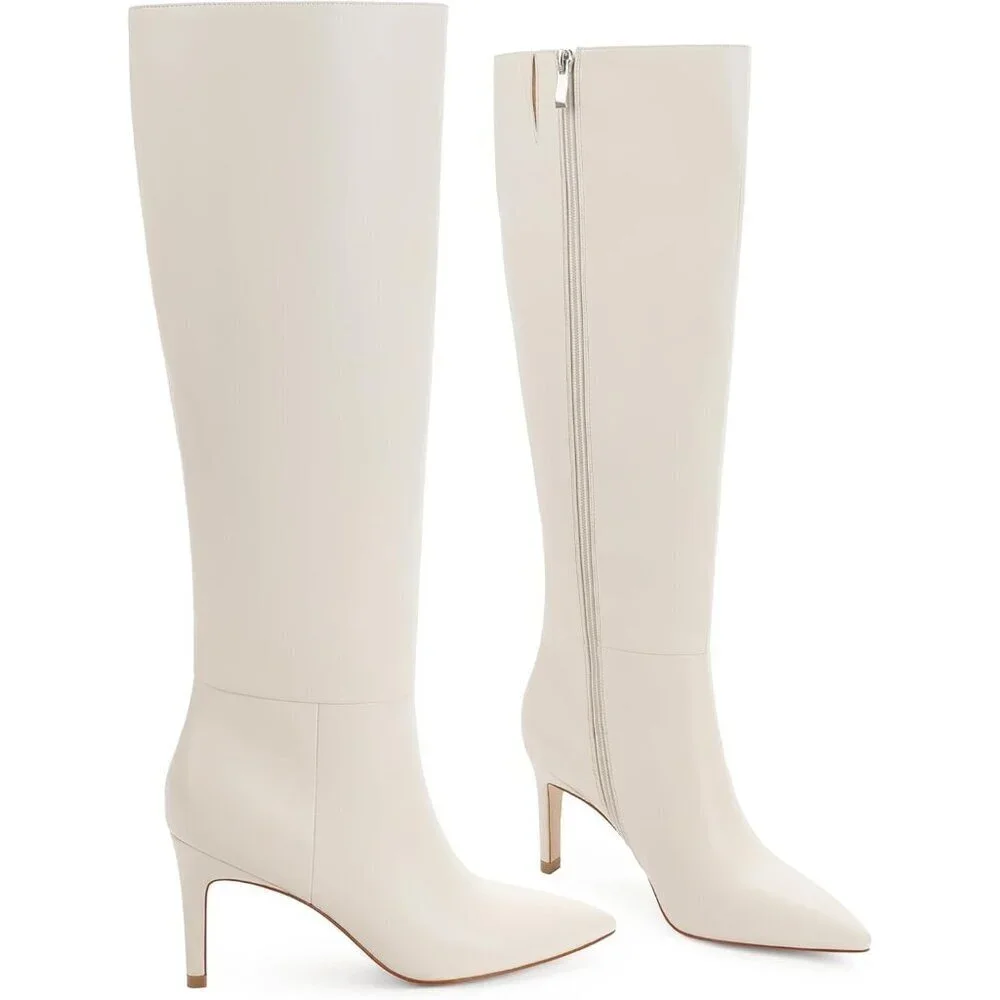 Women Beige Faux Leather Pointed Toe Tall  Stiletto High Heel Zipper Dress Boots
